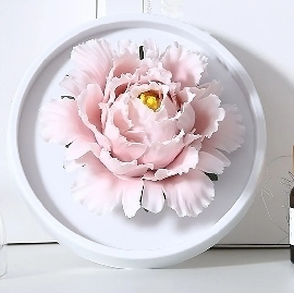 Open Peony porcelain flower, blush, on a white disc